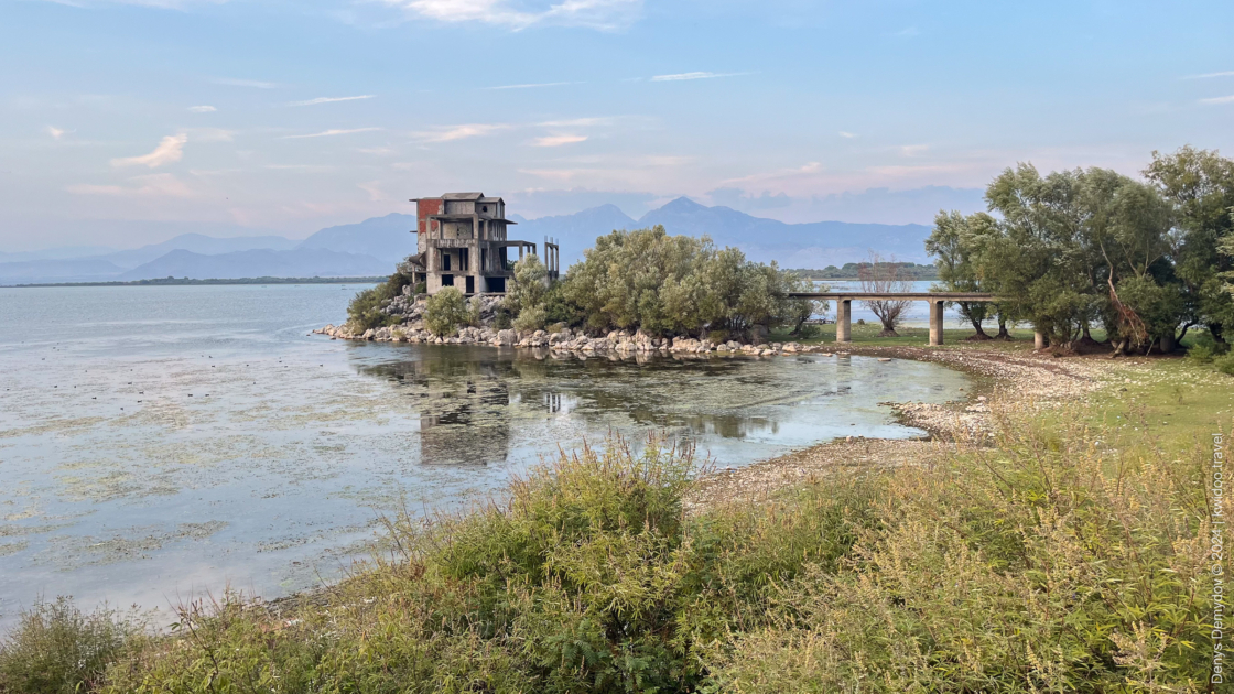 Another angle of an abandoned restaurant in Albania on an islet in Lake Skadar.