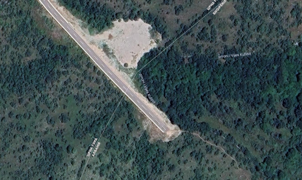 Satellite image of the future checkpoint Čkla - Zogaj between Montenegro and Albania. The road goes into the void.