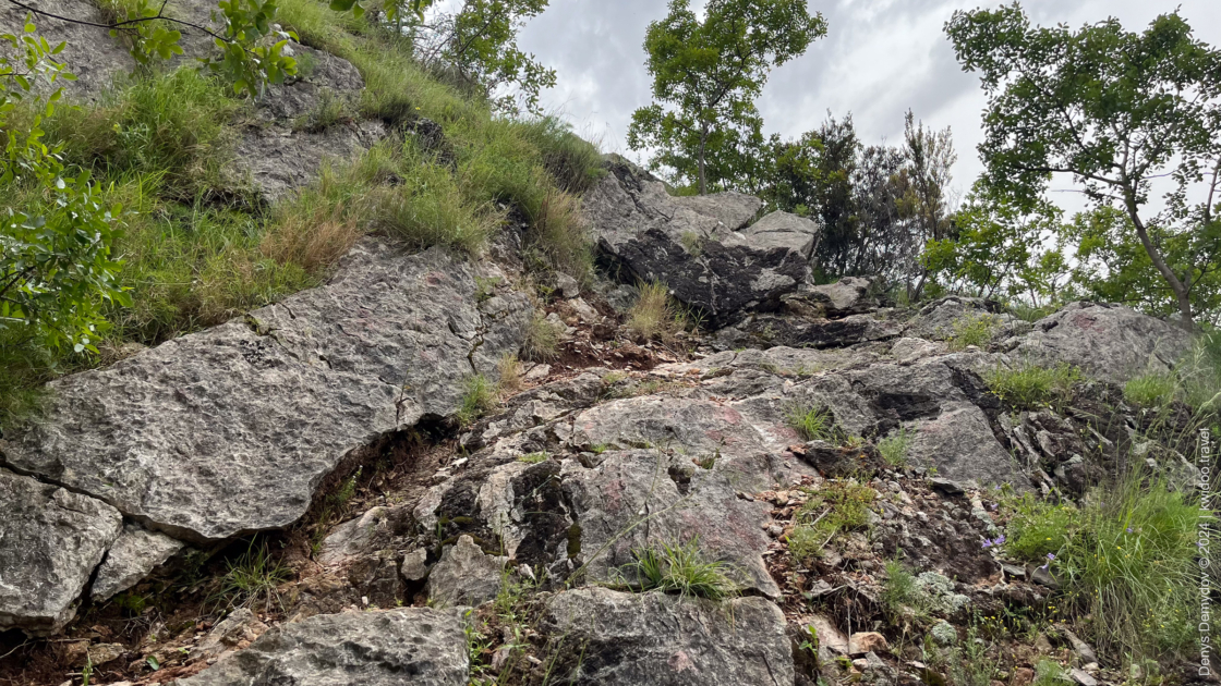 The last meters to the cave are high, sharp rocks covered with sparse vegetation.